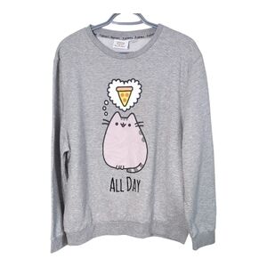 Pusheen Women's Grey Sweatshirt Cat and Pizza Graphic Size 16 (XL)